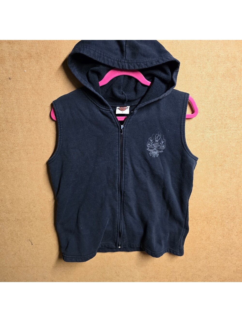 Harley Davidson Womens Size Large Black Full Zip Sleeveless Hoodie Vest Logo
